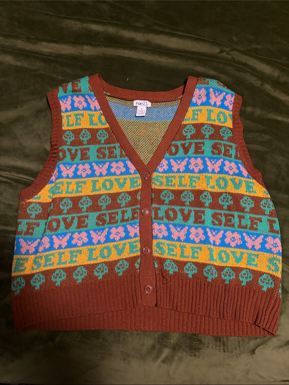 Rue21 Brown Multicolor 'SELF LOVE' Knit Button Vest